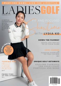 the cover of ladies'golf magazine featuring a woman in a white shirt and black skirt