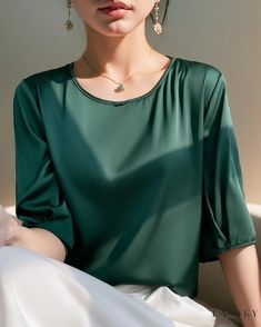 Lasaky - Premium Silk Blouse: Exquisite Mulberry Silk Shirt featuring a Round Neckline to Elevate Your Layering Game Round Neckline Blouse, Silk Shirts, Blouse Elegant, Top Round, Green Silk, V Neck Blouse, Silk Shirt, Sleeveless Tank Top, Mulberry Silk