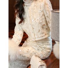 Olivia Mark - Exquisite Mermaid Sequin White Jacket with Hip-Hugging Midi Skirt Mermaid Sequin, Black Midi Skirt, White Jacket, Boots Outfit, Olivia Mark, Skirt Top, Types Of Collars, Daily Wear, Midi Skirt