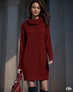 Zlily - Knitted Sweater Dress with Long Turtleneck Thick Turtleneck, Winter Sweaters Oversized, Cute Oversized Sweaters, Korean Sweater, Cute Winter Sweaters, Sweater Aesthetic, Kawaii Sweater, Fall Knit Sweater, Knitted Sweater Dress