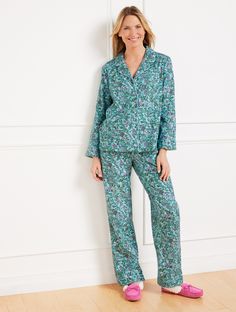 Our essential matching pajama set in a leafy floral pattern. Features a relaxed button front shirt with notched lapels. Coordinating pants are detailed with an elastic drawstring waist. Crafted from cotton flannel for just right warmth and comfort while you sleep. What's not to love? Features Long Sleeve Notched Lapel Collar Sleep Sets Imported Fit: Top: Misses: 27 3/4; Plus: 30 3/4" Bottom Inseam: Misses: 29 1/2"; Plus 29 1/2" Material: 100% Cotton Care: Machine Wash Cold; Only Non-Chlorine Bleach When Needed; Tumble Dry Low; Warm Iron, If Needed | Cotton Flannel Sleep Set - Leafy Floral Talbots Matching Pajama Set, Sleep Sets, Matching Pajama, Cotton Pajama Sets, Matching Pajamas, Sleep Set, Cotton Pyjamas, Button Front Shirt, Cotton Flannel