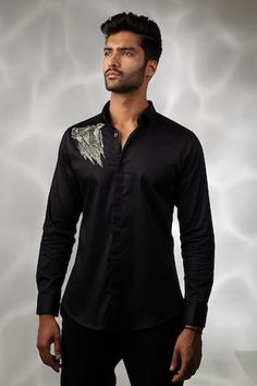 Black cotton shirt with gunmetal cutdana hand embroidered wolf.
Components: 1
Pattern: Hand embroidered
Type Of Work: Cutdana
Neckline: Collar
Sleeve Type: Full
Fabric: Cotton
Color: Black
Other Details: 
Note : Pant worn by the model is not for sale.
Occasion: Party - Aza Fashions Men Shirts Casual, Wolf Shirt, Shirts Black, Men Shirts, Not For Sale, Shirt Pattern, Aza Fashion, Shirt Men, Casual Shirts For Men