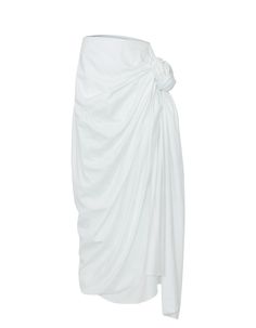 Materials: 100% cotton    colors: white    description: 100% cotton fabric draped midi skirt featuring a knot detail on one side    details    - draped midi skirt  - knot detail  - 100% cotton fabric White Asymmetrical Ruched Skirt, Cotton Ruched Flowy Skirt, White Flowy Midi Draped Skirt, White Ruched Asymmetrical Skirt, Ruched Cotton Skirt, White Ruched Long Skirt, White Long Ruched Skirt, Draped Relaxed Summer Skirt, White Draped Relaxed Skirt