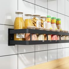 a shelf filled with lots of different types of food on top of a tiled wall