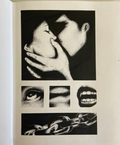 an open book with black and white images on it's cover, including hands holding a woman's face