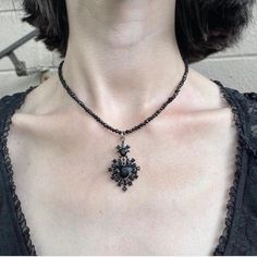 beaded necklace <3 with black rhinestone heart pendant *glass beads Stainless steel hardware, chain & small star charm 16 inches + extension Goth Beaded Necklace, Grunge Beaded Necklace, Coquette Jewelry, Gothic Necklace, Prom Jewelry, Rhinestone Heart, Black Rhinestone, Jewelry Inspo, Dream Jewelry