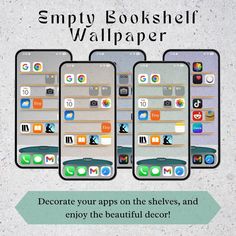 three smartphones with the text simply bookshelf wallpaper decorate your apps on the shelves, and enjoy the beautiful decor