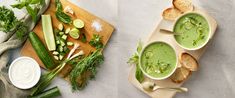 three bowls of green soup on a cutting board with bread, celery and cucumbers