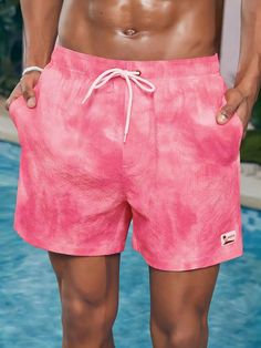 Men's Random Print Simple Style Beach Shorts Pink Boho   Polyester Letter,Tie Dye  Non-Stretch  Men Clothing, size features are:Bust: ,Length: ,Sleeve Length: Summer Beach Shorts, Men Beach, Lingerie Accessories, Pink Boho, Beach Shorts, Mens Swimwear, Men Clothing, Denim Wash, Swim Shorts