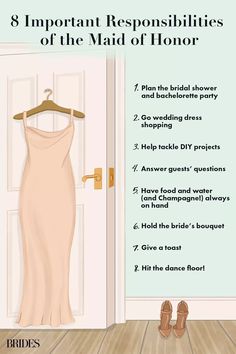 a dress hanging on a hanger in front of a door with the words 8 important repositionities of the maid of honor