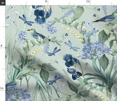 a blue and green floral wallpaper with birds, flowers, and butterflies on it