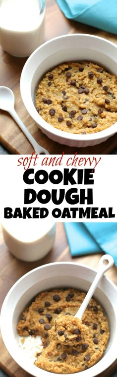 two bowls filled with baked oatmeal on top of a wooden table