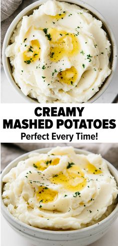 mashed potatoes in a white bowl with butter and parsley on top, the best mashed potatoes creamy and fluffy