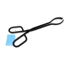 a pair of black scissors sitting on top of a white table next to a blue tag