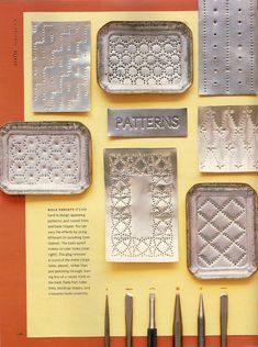 a book with metal trays and crochet tools