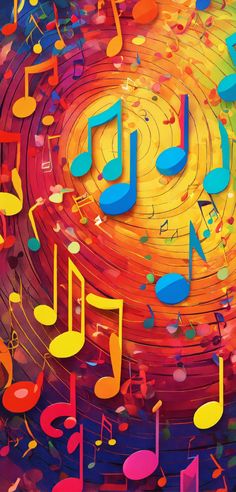 colorful music notes are floating in the air with bright colors and swirls around them