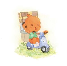 a drawing of a teddy bear on a scooter with boxes in the back