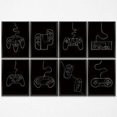 four black and white pictures with video game controllers on them, each one drawn in chalk