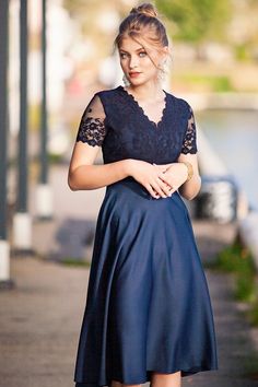 "Dark blue lace dress with circle skirt ➤ Features > dress length: 39.37\" / 100 cm > short sleeves > v-shaped neckline > separated waistband > circle skirt ➤ Sizing My Size Guide in FAQ section below will help you define the perfect size match. The item can also be made according to your measurements - just message them to me. ➤ Delivery Your item is made-to-order and will be ready within 2-7 days. Average delivery times: > North America: up to 1-2 weeks > New Zealand, Aust Short Sleeve Prom Dress With Lace Trim, Prom Dresses With Lace Trim And Short Sleeves, Short Sleeve Lace Dress For Summer Prom, Summer Lace Dress With Short Sleeves For Prom, Summer Prom Lace Dress With Short Sleeves, Short Sleeve Dress With Lace Patchwork For Evening, Short Sleeve Evening Dress With Lace Patchwork, Evening Dress With Lace Patchwork And Short Sleeves, Elegant Short Sleeve Lace Dress For Prom