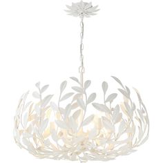 a white chandelier with leaves hanging from it's center point and two lights on each side