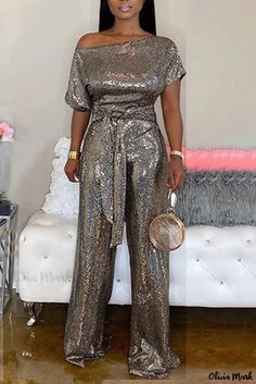 Olivia Mark - Contemporary Short Sleeve One-Shoulder Collar Jumpsuit in Blue - Perfect for Fashion-forward Street Style Gold Street Style, Reunion Outfit, Sparkly Jumpsuit, Sequin Suit, Gold Jumpsuit, Winter Sparkle, Beautiful Jumpsuits, Collar Jumpsuit, Stretch Jumpsuit