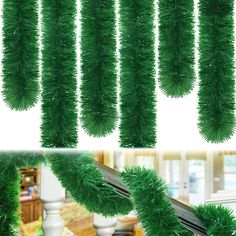 green tinsel christmas tree decorations hanging from the ceiling