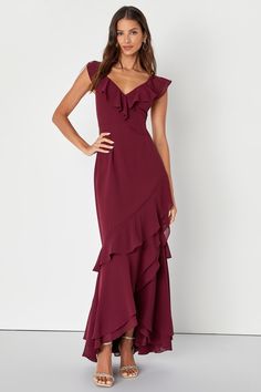 Charming Event Burgundy Asymmetrical Ruffled Maxi Dress Burgundy Dress Lulus, Red Wedding Guest Dresses, Dusty Rose Maxi Dress, Mom Dresses, Bridesmaids Ideas, Winter Bridesmaid Dresses, Burgundy Maxi Dress, Dresses Lulus, Wedding Plan