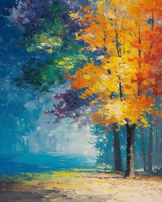 an oil painting of trees in the fall