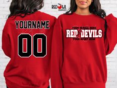 Personalized Red Devils School Spirit T-Shirt Crewneck, Hoodie Hooded Sweatshirt Football, Baseball, Basketball, Softball, Track, Volleyball, Cross Country, Cheer, Wrestling Not all colors are available in all sizes and styles.  Please check the color and size charts in photos. We do our best to accurately represent shirt colors by using actual photos but do understand that all monitors will display differently. Please contact us prior to purchase with any questions on sizing or colors. Your purchase includes a custom imprint created specifically for your team! A product proof will be emailed to you within 1 business day.  Please keep an eye on your Etsy messages and reply with any changes within 24 hours. Your order will be sent to production after that time if no response is received. Ex Red Hooded Top With Letter Print, Red Hoodie With Team Name For Winter, Red Hooded Tops With Letter Print, University Red Crew Neck Hoodie For Sports, Red Hooded Top For Sports Events, College Team Name Hoodie Tops, College Team Name Hoodie, Red Hoodie For Sports Season Fan Gear, Red Fan Apparel Hoodie