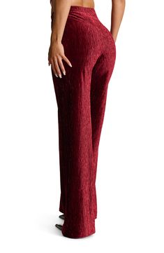 Start off your look with a chic base layer, wearing these wide-leg pants crafted from soft pleated velvet Elastic waist 90% polyester, 10% spandex Hand wash, line dry Imported Stretch Burgundy Pants For Party, Stretch Burgundy Bottoms For Party, Burgundy Wide Leg Pants For Party, Chic Burgundy Pants For Party, Chic Burgundy Party Pants, Pleated Wide Leg Pants For Party, Elegant Burgundy High-waisted Wide Leg Pants, Elegant Full-length Burgundy Bottoms, Elegant Full Length Burgundy Bottoms