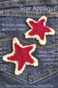 two crocheted stars are in the back pocket of a pair of jeans