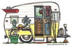 a drawing of an rv parked in front of a building with plants and other things on it