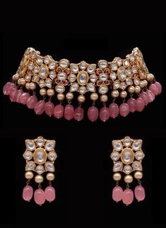 Tara Pink Set - bAnuDesigns Elegant Pink Meenakari Choker, Polki Sets, Rose Stone, Kundan Choker, Wedding Designer, Pink Set, Choker Set, Ruby Rose, Gold Plated Necklace