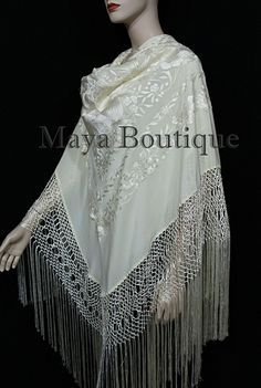 "DESCRIPTION: FROM MAYA COLLECTION THE MOST BEAUTIFUL AND VERSATILE WRAP ON THE MARKET ! WRAP YOURSELF IN ELEGANCE WITH THIS TRUE WEARABLE ART ! DESCRIPTION: IIvory Flamenco Embroidered Silk Piano Shawl Wrap Flower & Birds 100% high quality silk Stunning & elegant huge hand embroidered silk floral shawl /wrap/ piano shawl This shawl is 88\" square with the field measuring 52\" x 52\" plus the 18\" hand knotted fringes on all 4 sides. The color is Ivory with Ivory embroidery INCREDIBLE EM White Shawl With Intricate Embroidery In Traditional Drape, White Shawl With Intricate Embroidery, Elegant Cream Embroidered Shawl, Elegant Cream Dupatta For Ceremony, Vintage Shawl With Traditional Drape For Wedding, Vintage Wedding Shawl With Traditional Drape, Elegant Cream Shawl With Embroidered Border, Elegant Ceremonial Shawl, Vintage Fitted Shawl For Wedding