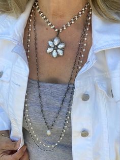 Beaded necklace. Gemstone necklace. Neckstack. Layering necklace. Neckmess Socal Style, Crystal Labradorite, Rosary Necklace, Mother Of Pearl Necklace, Necklace Gemstone, Layering Necklace, Oxidized Silver, Flower Pendant, Silver Wire