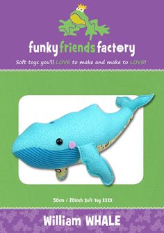 a blue whale toy with the words funky friends factory on it's front cover