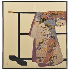 Extraordinary Japanese contemporary two panel "byobu" or folding screen featuring genryoku style handcrafted silk raised kimono Japanese decorative art in Purple, blue, black and orange on beautiful aged off white background. The design is of a large fan pulsating in scarlet and indigo tie-dye, with rhythmical embroidery featuring irises wrought in colored and gold threads. Here and there can be seen some effective spot-dyeing in green tie-dye. Tagasode is the way a genryoku kosode kimono is hun Kosode Kimono, Modern Kimono, Traditional Japanese Kimono, Indigo Tie Dye, Kimono Japanese, Large Fan, Modern Asian, Kimono Design, Folding Screen