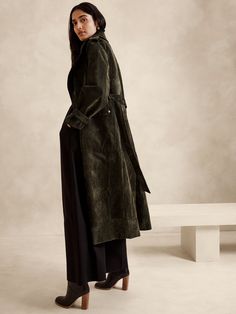 Amalia Velour Trench Coat | Banana Republic Safari Vest, Plaid Trench Coat, Suede Trench Coat, Green Utility Jacket, Suede Coat, Print Coat, Notch Collar, Formal Looks, Twill Fabric