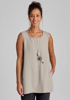 Side Pocket Tunic - Linen Tank Top – FLAX Spring Relaxed Fit Tunic With Pockets, Spring Tunic With Pockets And Relaxed Fit, Casual Tunic Tops With Pockets, Casual Summer Tunic With Pockets, Casual Linen Tunic With Pockets, Summer Tunic Tops With Pockets, Casual Beige Tunic With Relaxed Fit, Casual Linen Tunic For Layering, Lagenlook Tunic For Layering With Relaxed Fit