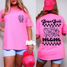 Baseball moms get gameday ready with this beautiful neon pink Baseball Mom shirt.  Materials & Care  - 100% cotton   - Unisex fit  - Machine wash inside out with cold water  -Lay flat to dry or tumble dry on low heat  - Do not iron directly over the image  Processing Time  - Our current processing time is 5-10 business days.  Returns and Shipping  - Since each item is made to order we are not currently accepting returns.  - It will take up to 10 business days before your order ships. The Bleachers, Baseball Mom Shirt, Baseball Mom Shirts, Baseball Season, Bleachers, Trendy Tee, Baseball Mom, Back Design, Mom Shirt