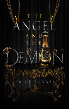 the angel and the demon book cover with gold jewelry on a black table in front of a curtain