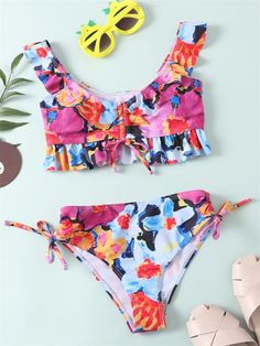 Womens Floral Ruffle Tie Side Bikini Set Swimwear Bright Watercolor, Kids Swimwear, Swimwear Girls, Floral Ruffle, Shein Style, Watercolor Print, Fashion News, Floral, Design