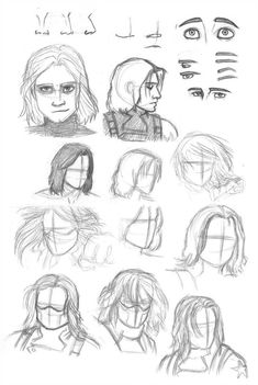 some sketches of people's faces and their hair in various positions, with the eyes closed