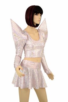 "This item is made to order, please read all the way through the listing before purchasing! This 2pc set is made of lycra spandex in a brilliant sparkling pastel baby pink & silver round mermaid/dragon scale spandex. I am pretty sure this outfit is meant to be worn by angelic dragon royalty. Yep. The top has mega sharp shoulder long sleeves that are foam reinforced, and a crop hemline that measures 8\" from underarm to hem. The 12\" circle cut mini rave skirt is flattering and flowy, will ma Rave Skirt, Scoop Neck Crop Top, Neck Crop Top, Clothing Items, Skirt Set, Scoop Neck, Ballet Skirt, Two Piece Skirt Set, Crop Top