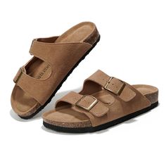 PRICES MAY VARY. Premium Quality Material - Experience the perfect blend of style and comfort with Project Cloud's Womens Flat Sandals. Made with 100% genuine leather, these sandals offer a premium quality that guarantees durability and long-lasting use. Comfortable Fit - The adjustable two straps of these women's flat sandals provide a secure and custom fit, enhancing comfort for all-day wear. They feature adjustable two straps for a personalized fit and a 100% natural cork foot bed that provid Vacation Leather Footbed Sandals With Flat Heel, Leather Footbed Sandals With Flat Heel For Vacation, Footbed Sandals With Buckle Closure For Beach Season, Comfortable Footbed Sandals With Flat Heel For Vacation, Comfortable Flat Heel Footbed Sandals For Vacation, Vacation Slip-on Sandals With Leather Footbed, Vacation Leather Footbed Slip-on Sandals, Adjustable Footbed Sandals For Vacation, Adjustable Flat Heel Footbed Sandals For Vacation