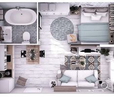 an overhead view of a bedroom and living room in one image, with the bathroom on the other