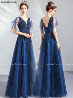 Blue V-neck Evening Dress With Sweep Train, Royal Blue V-neck Evening Dress For Wedding, Blue Fitted V-neck Dress For Wedding, Blue Embellished V-neck Evening Dress, Elegant Blue V-neck Wedding Dress, Blue Embellished A-line Evening Dress, Blue A-line V-neck Evening Dress, Blue A-line V-neck Dress For Evening, Modest Prom Dresses