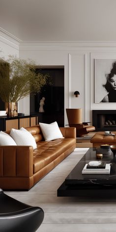 a modern living room with leather furniture and large pictures on the wall behind the couches