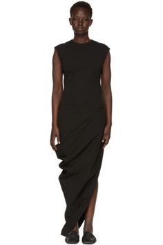 Rick Owens - Black Grosgrain Walrus Dress Fitted Pre-draped Knee-length Dress, Fitted Pre-draped Asymmetrical Midi Dress, Modern Fitted Sleeveless Dress, Fitted Knee-length Pre-draped Dress, Modern Sleeveless Dress For Night Out, Modern Fitted Sleeveless Evening Dress, Modern Sleeveless Formal Dresses, Pre-draped Fitted Maxi Dress, Chic Fitted Sleeveless Draped Dress