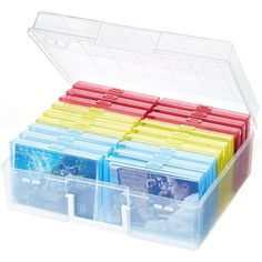 a plastic storage box filled with lots of different colored file folders on top of each other